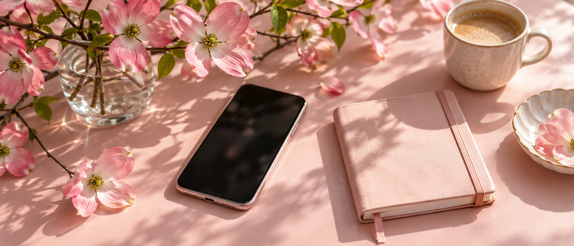 Pink dogwood blossoms beside a phone