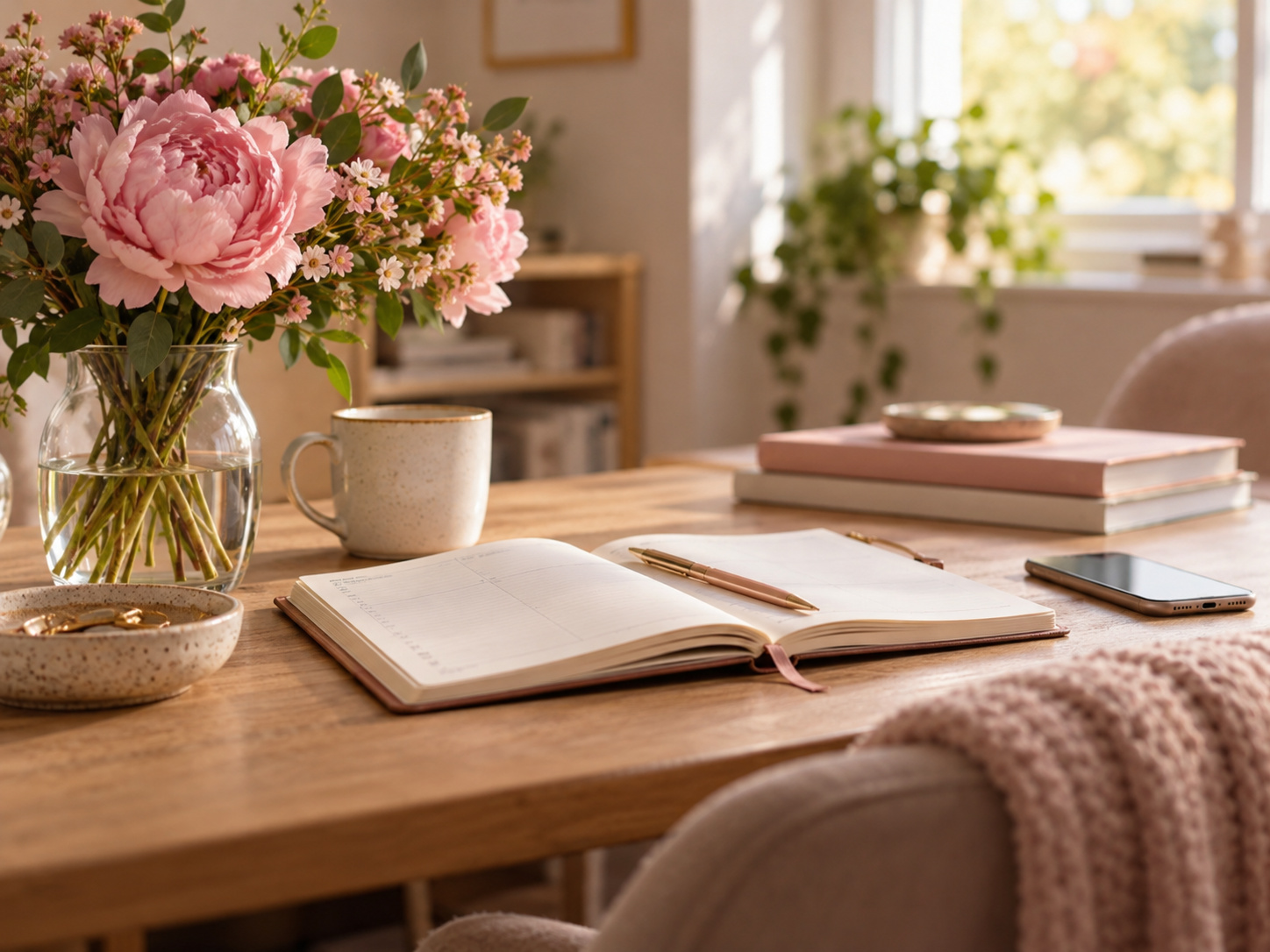 A soft-lit desk with flowers and a planner